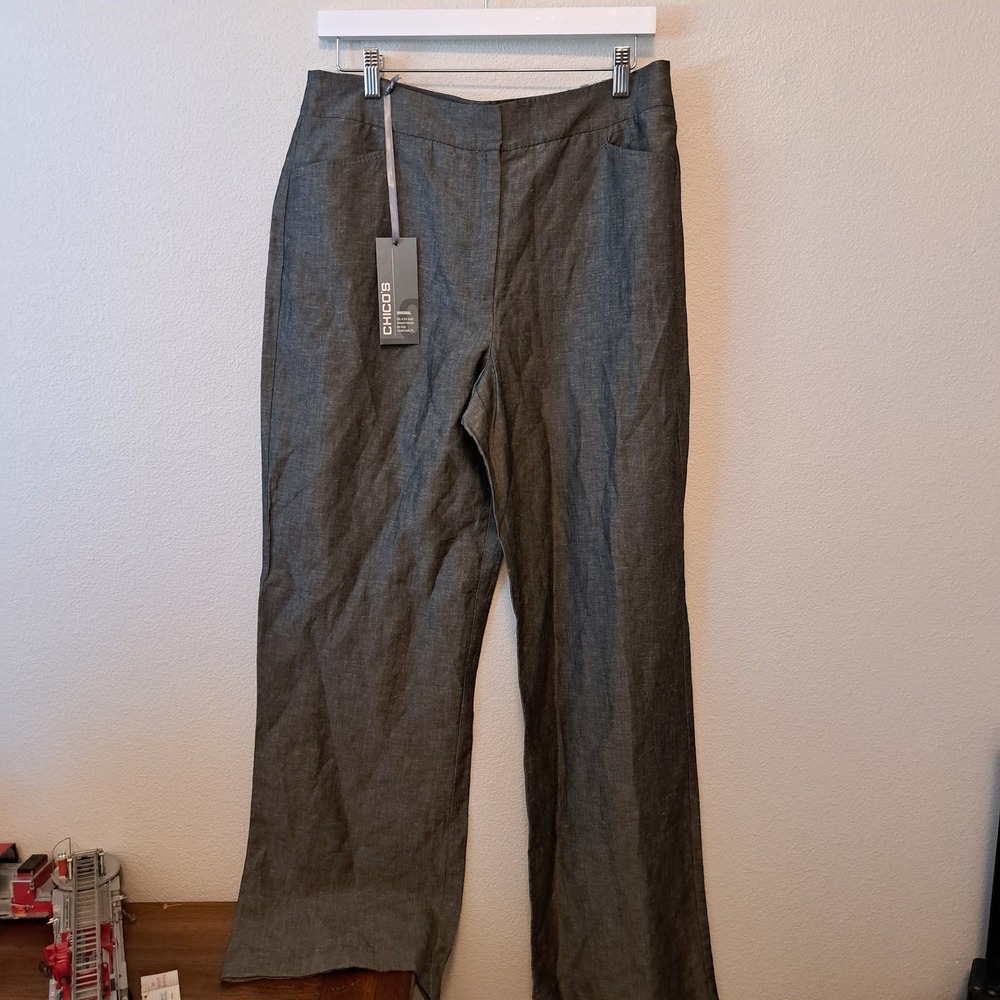 Chico's Montgomery Conrad Linen Blend Wide Leg Pants Grey Size 2 Regular NEW